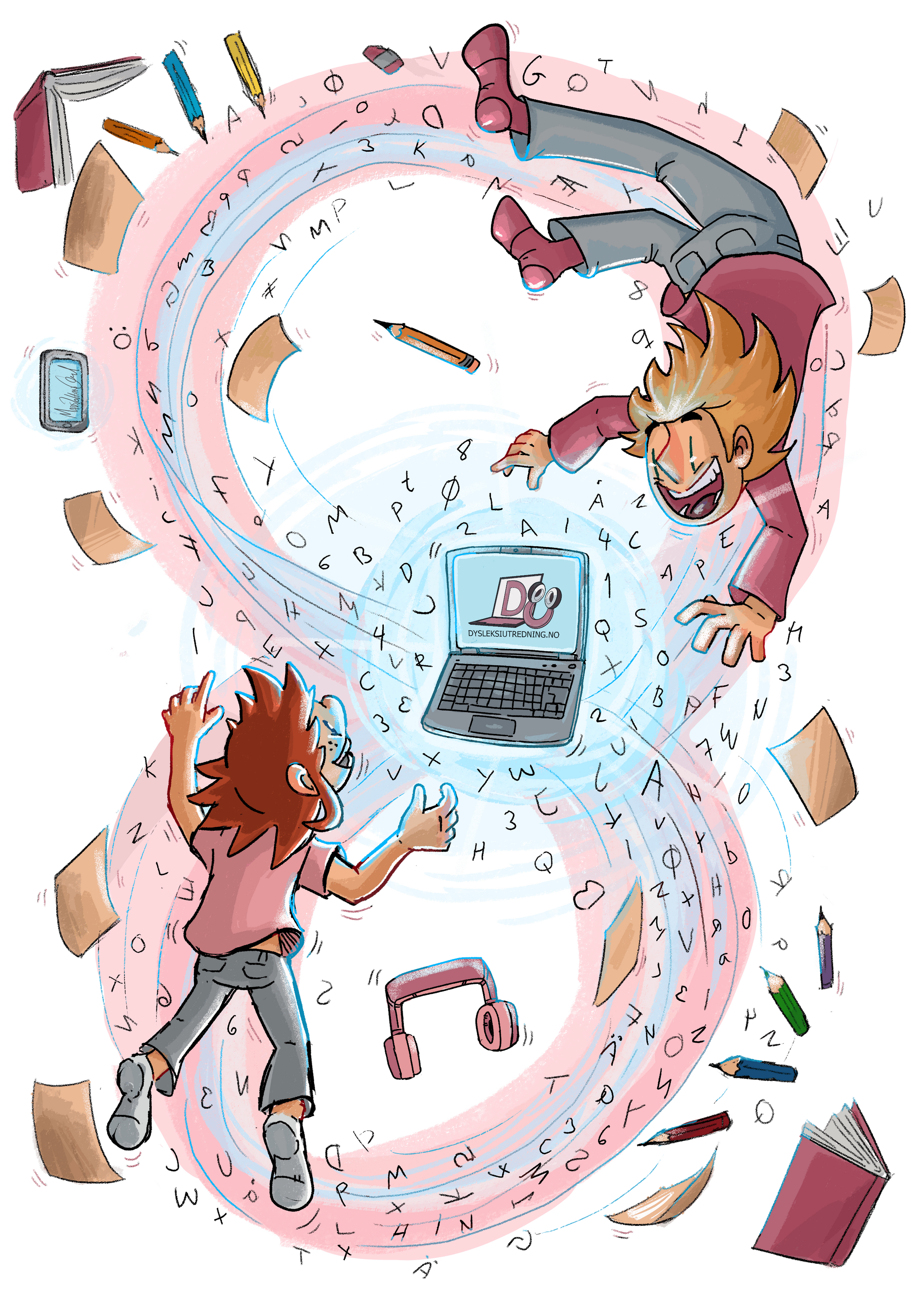Illustrasjon av dysleksi for Dysleksiutredning.no, tegnet av Mads Johan Øgaard